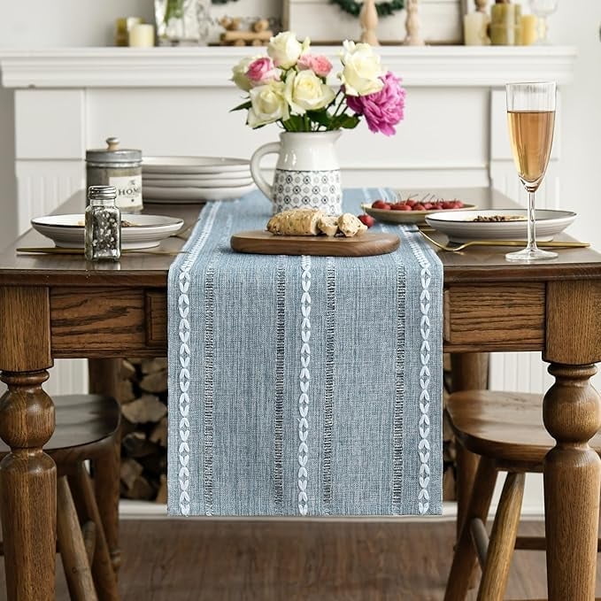 Linen Table Runner for Dining Table 13 x 72 Inch Light Blue Burlap Linen Style Rustic Farmhouse Kitchen Dining Room Decoraton