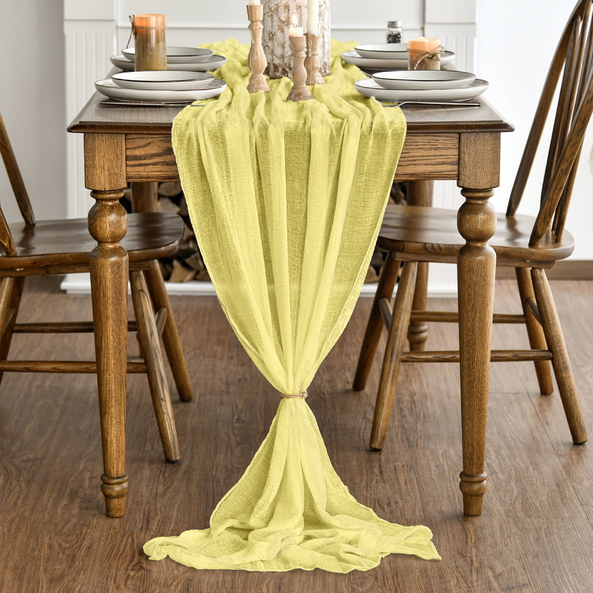 Light Yellow Cheesecloth Table Runner, 31 x 118 Inch Rustic Gauze Boho Tablecloth for Bridal Shower Wedding Party Table Decoration