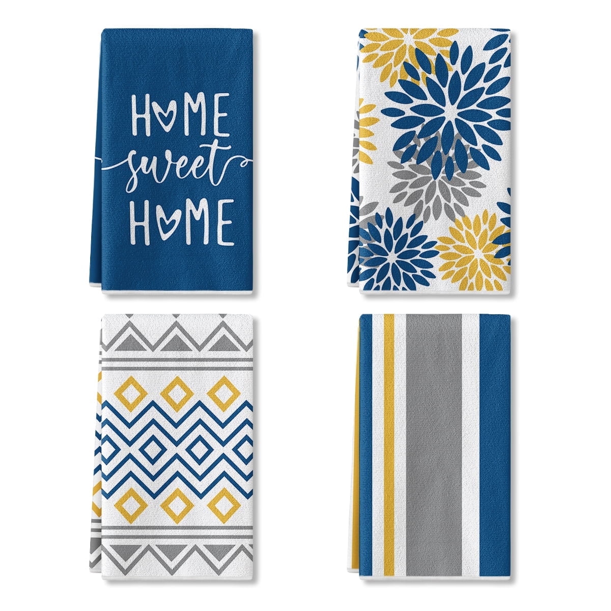 Blue and Yellow Dahlia Flower Stripe Spring Dish Towels, 4 Count