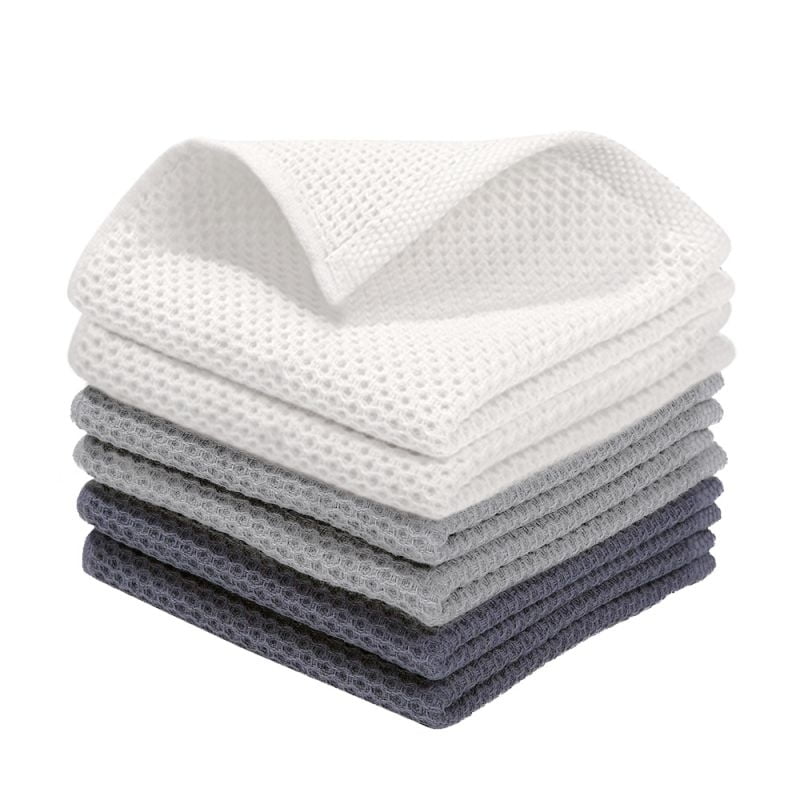 100% Cotton Waffle Dishcloth, White and Grey, 6 Pack Soft Absorbent Quick Dry Kitchen Towels Cleaning Towels 12x12 Inch