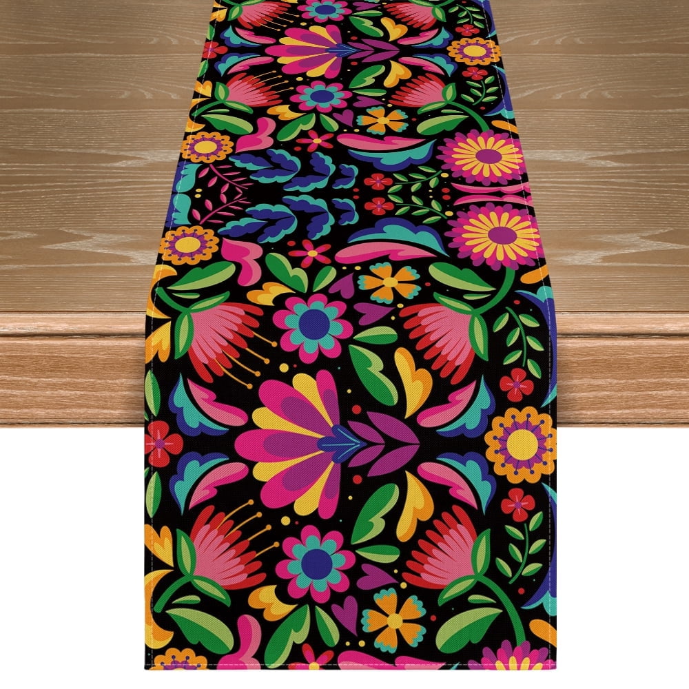 13x72 Black Floral Dia De Los Muertos Serape Table Runner, Polyester, Mexican Fiesta Design, Party Kitchen Dining Decoration