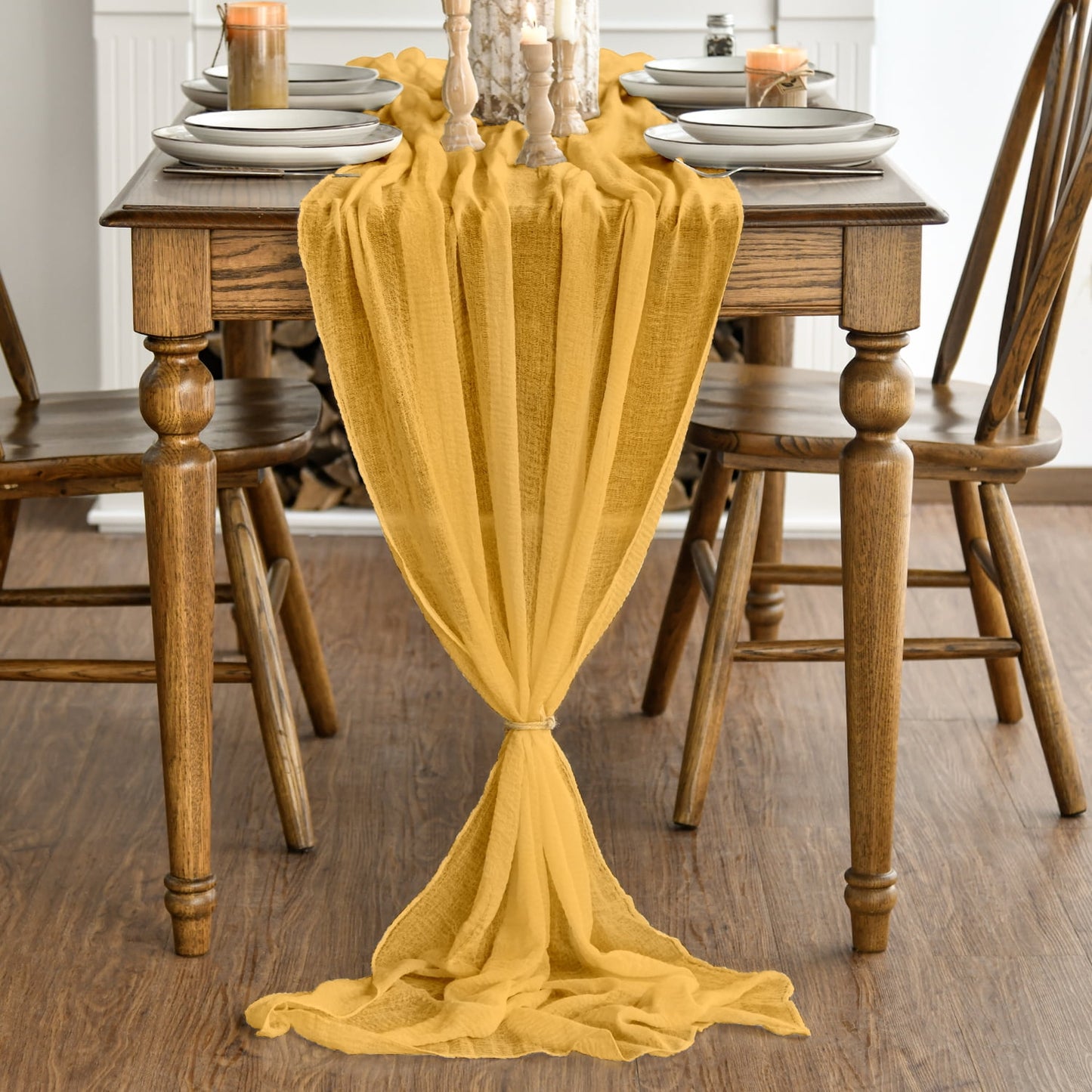 Yellow Cheesecloth Table Runner, 31 x 118 Inch Rustic Gauze Boho Tablecloth for Bridal Shower Wedding Party Table Decoration