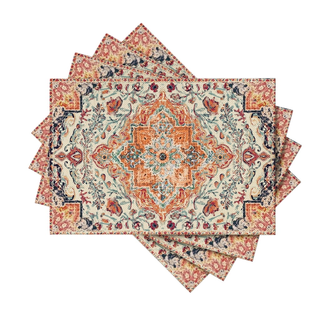 Boho Placemats Set of 4, Daily Orange Teal Flowes Bohemia Table Mats for Home Party Dining Decoration 12x18 Inch