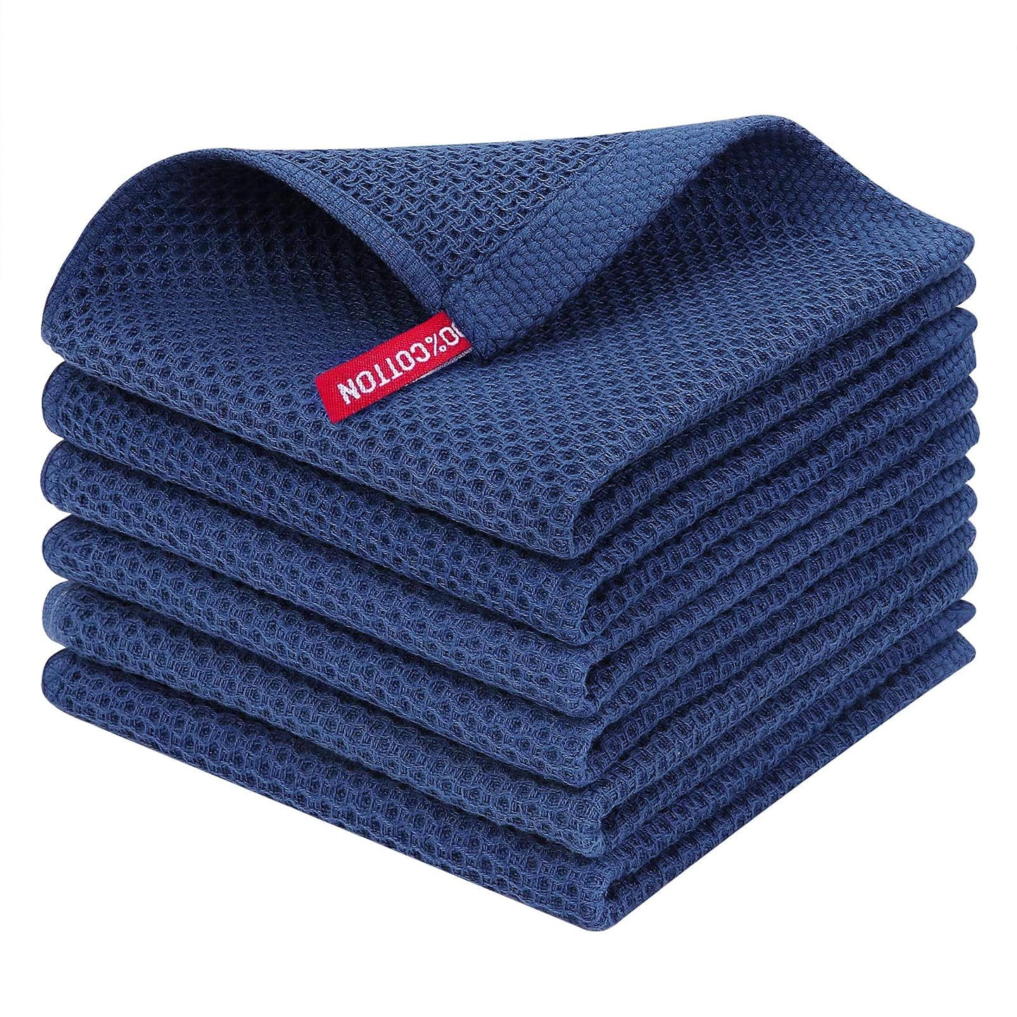 100% Cotton Waffle Dishcloth, Dark Blue, 6 Pack Soft Absorbent Quick Dry Kitchen Towels Cleaning Towels 12x12 Inch