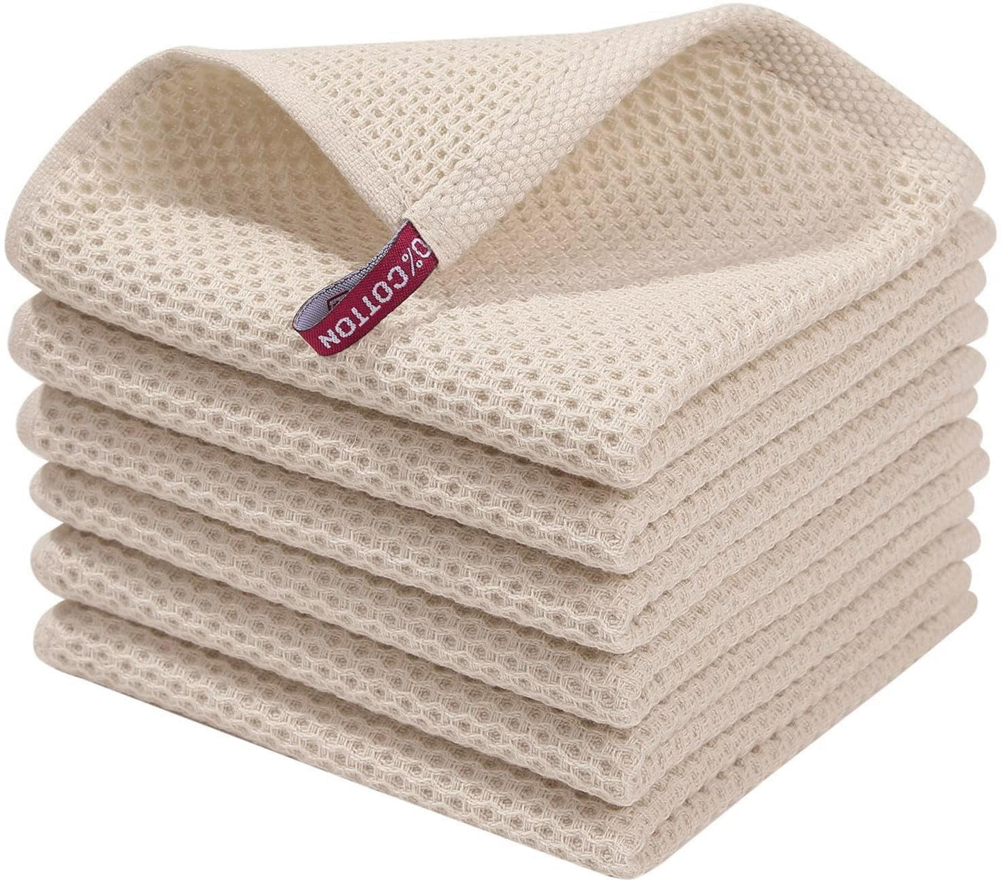 100% Cotton Waffle Dishcloth, Beige, 6 Pack Soft Absorbent Quick Dry Kitchen Towels Cleaning Towels 12x12 Inch