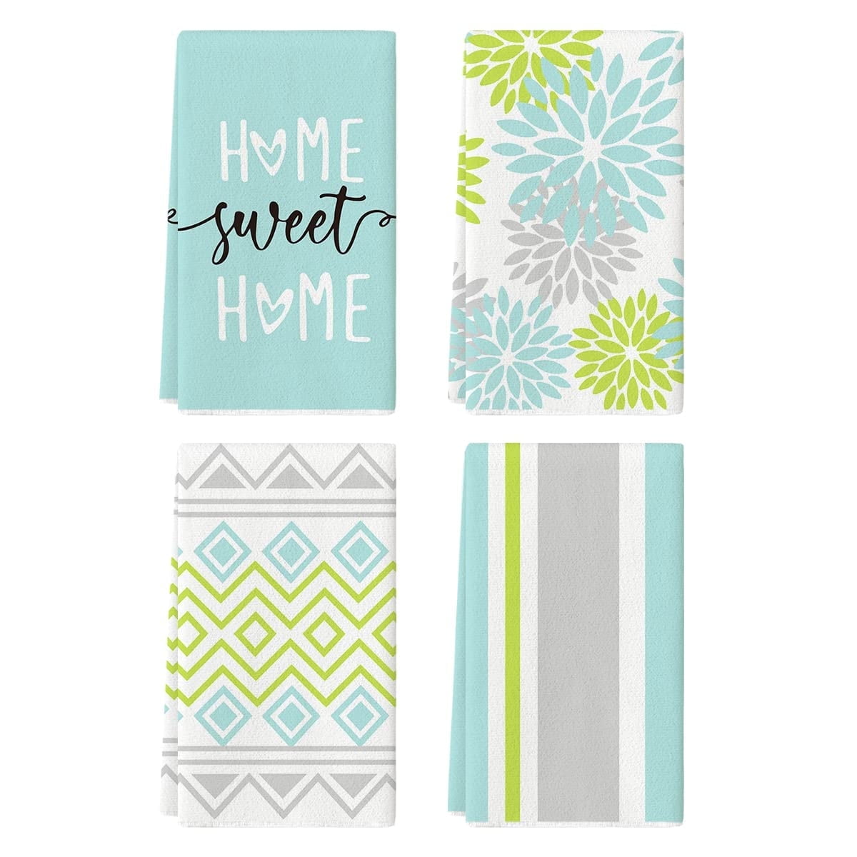 Boho Cyan Green Stripes Dish Towels, 4 Count