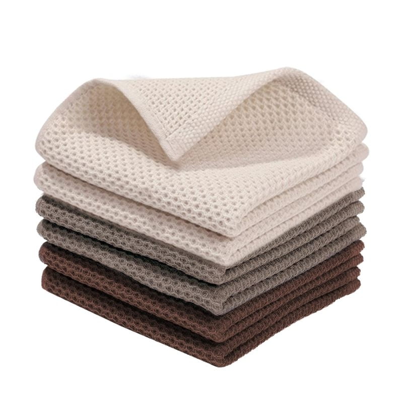 100% Cotton Waffle Dishcloth, Beige and Tan, 6 Pack Soft Absorbent Quick Dry Kitchen Towels Cleaning Towels 12x12 Inch