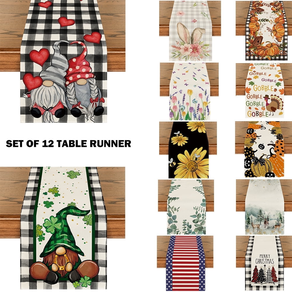 All Seasons Seasonal Decorative Set of 12 Table Runner for Dining Table 13 x 72 Inch, Farmhouse Kitchen Dining Room Decoration