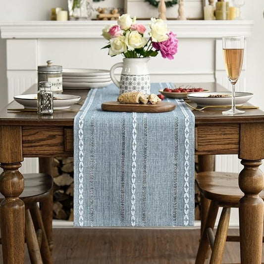 Linen Table Runner for Dining Table 13 x 72 Inch Light Blue Burlap Linen Style Rustic Farmhouse Kitchen Dining Room Decoraton