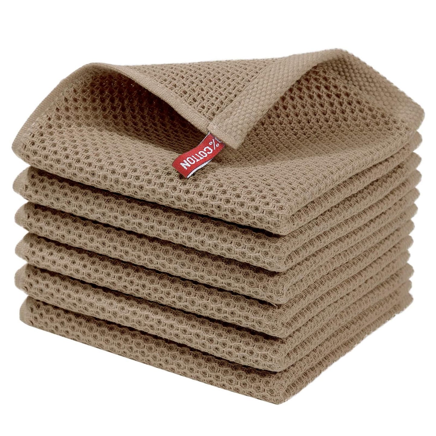 100% Cotton Waffle Dishcloth, Tan, 6 Pack Soft Absorbent Quick Dry Kitchen Towels Cleaning Towels 12x12 Inch
