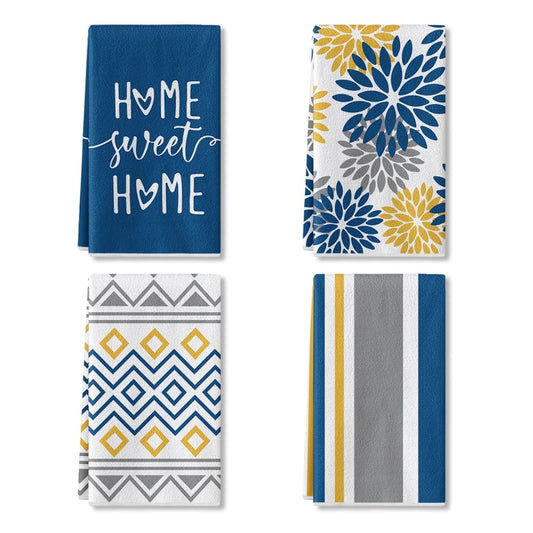 Blue and Yellow Dahlia Flower Stripe Spring Dish Towels, 4 Count