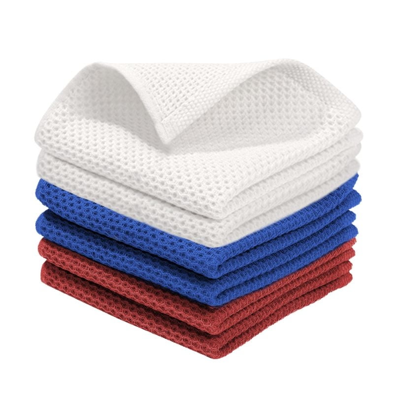 100% Cotton Waffle Dishcloth, White Blue and Red, 6 Pack Soft Absorbent Quick Dry Kitchen Towels Cleaning Towels 12x12 Inch
