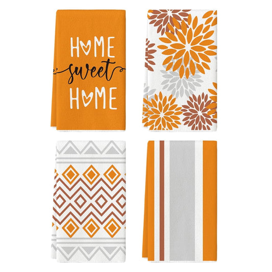 Boho Fall Orange Diamond Check Stripe Tea Towels, 4 Count