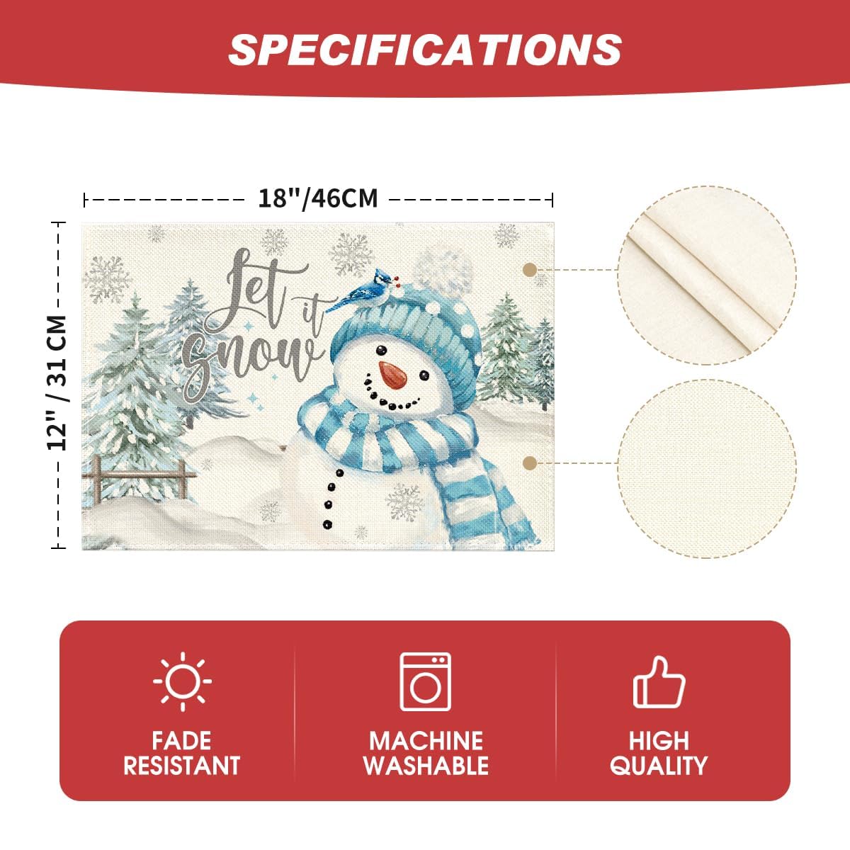 Artoid Mode Xmas Trees Let It Snow Blue Snowman Christmas Placemats Set of 4, 12x18 Inch Winter Table Mats for Party Kitchen Dining Decoration