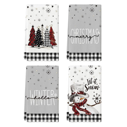 Artoid Mode Black White Buffalo Plaid Snowman Xmas Trees Christmas Kitchen Towels Dish Towels, 18x26 Inch Daily Winter Decoration Hand Towels Set of 4