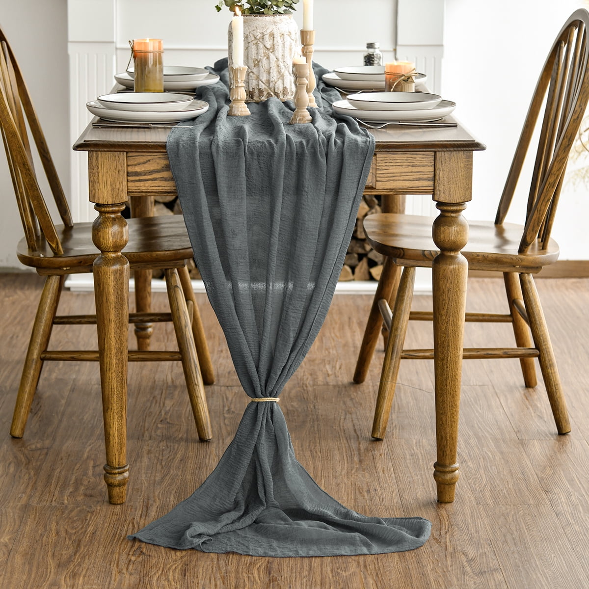 Cheesecloth 118x35 Wrinkled Texture Boho Gray Polyester Gauze Table Runner