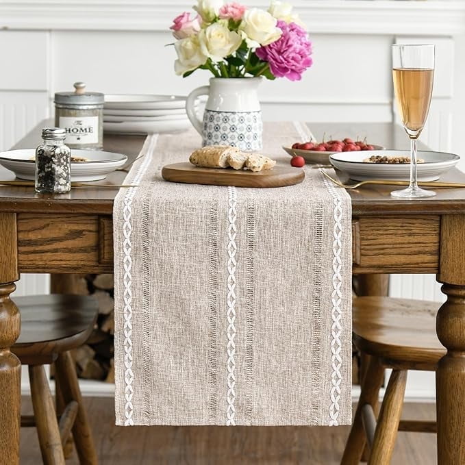 Linen Table Runner for Dining Table 13 x 72 Inch Orange Beige Burlap Linen Style Rustic Farmhouse Kitchen Dining Room Decoraton