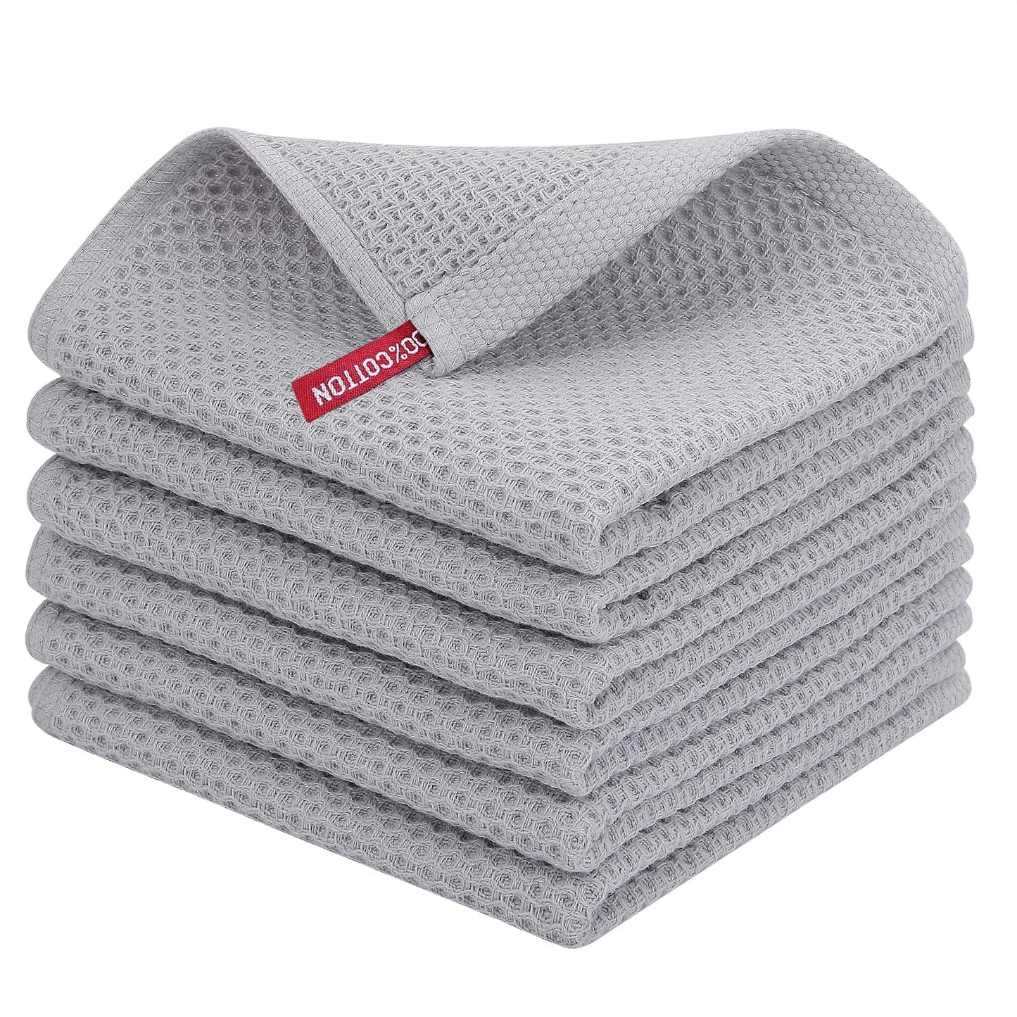 100% Cotton Waffle Dishcloth, Grey, 6 Pack Soft Absorbent Quick Dry Kitchen Towels Cleaning Towels 12x12 Inch