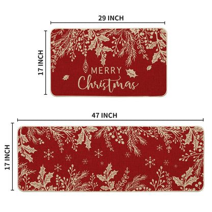 Artoid Mode Holly Pine Branches Leaves Merry Christmas Kitchen Mats Set of 2, Winter Decor Low-Profile Kitchen Rugs for Floor - 17x29 and 17x47 Inch