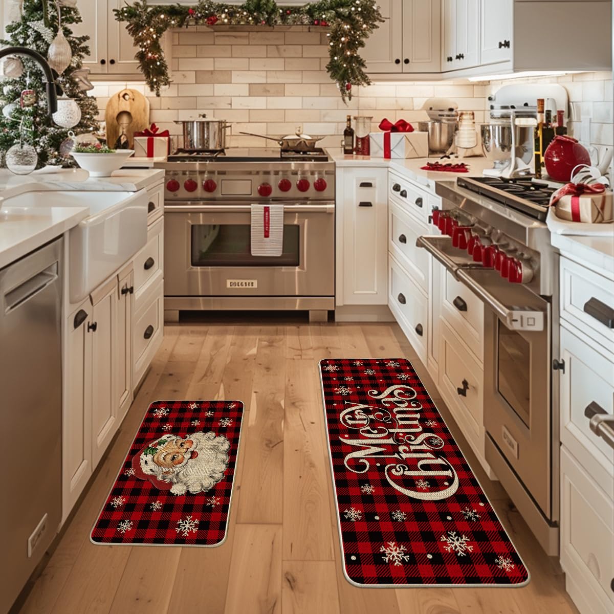 Artoid Mode Buffalo Plaid Snow Santa Claus Christmas Kitchen Rugs Set of 2, Winter Low-Profile Floor Mat Merry Christmas Decorations for Home Kitchen - 17x29 and 17x47 Inch