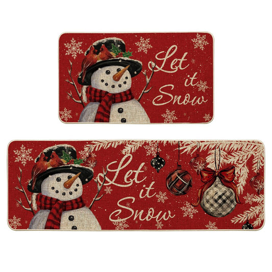 Artoid Mode Snowman Let It Snow Snowflake Christmas Kitchen Mats Set of 2, Winter Home Decor Low-Profile Kitchen Rugs for Floor - 17x29 and 17x47 Inch