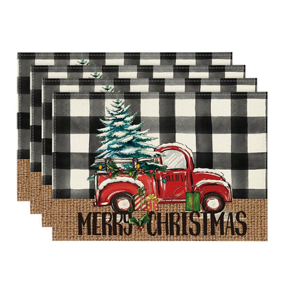 Artoid Mode Buffalo Plaid Truck Merry Christmas Placemats Set of 4, 12x18 Inch Xmas Tree Winter Table Mats for Party Kitchen Dining Decoration