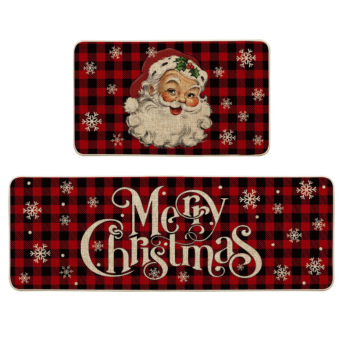 Artoid Mode Buffalo Plaid Snow Santa Claus Christmas Kitchen Rugs Set of 2, Winter Low-Profile Floor Mat Merry Christmas Decorations for Home Kitchen - 17x29 and 17x47 Inch