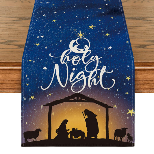 Artoid Mode The Lord Blue Sky Christmas Table Runner, Seasonal Winter Holy Night Christ Kitchen Dining Table Decor for Outdoor Home Party 13x72 Inch