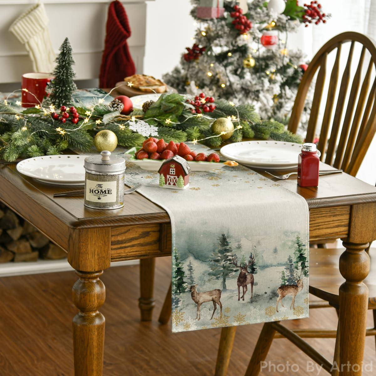 Artoid Mode Watercolor Deer Trees Snowflakes Christmas Table Runner, Seasonal Winter Xmas Holiday Kitchen Dining Table Decoration for Indoor Outdoor Home Party Decor 13 x 72 Inch