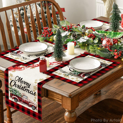 Artoid Mode Red and Black Buffalo Plaid Truck Merry Christmas Placemats Set of 4, 12x18 Inch Seasonal Winter Xmas Holiday Table Mats for Party Kitchen Dining Decoration