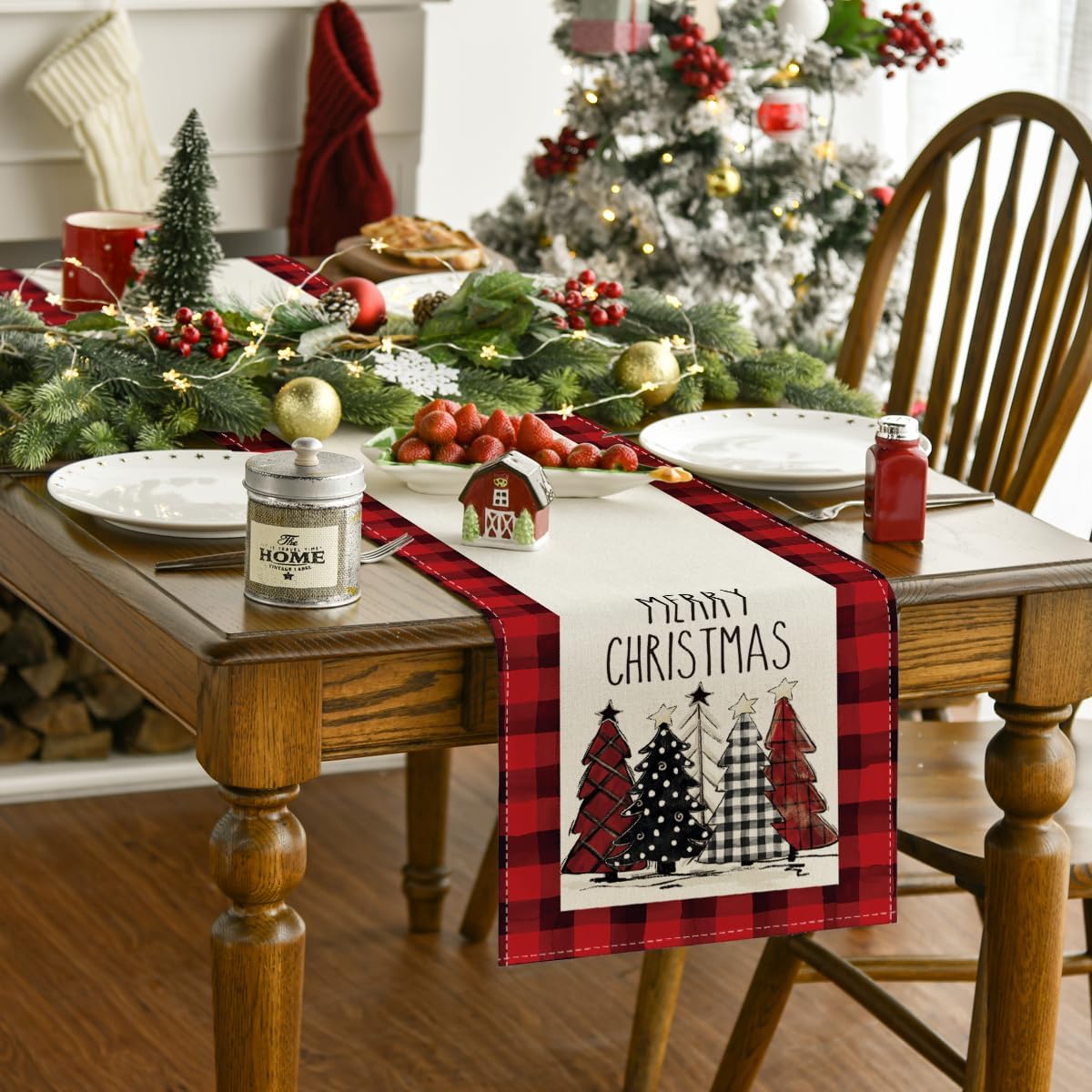 Artoid Mode 13x72 Inch Waterclor Buffalo Plaid Christmas Trees Merry Xmas Table Runner, Seasonal Winter Holiday Kitchen Dining Table Decoration for Indoor Outdoor Home Party Decor