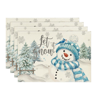 Artoid Mode Xmas Trees Let It Snow Blue Snowman Christmas Placemats Set of 4, 12x18 Inch Winter Table Mats for Party Kitchen Dining Decoration