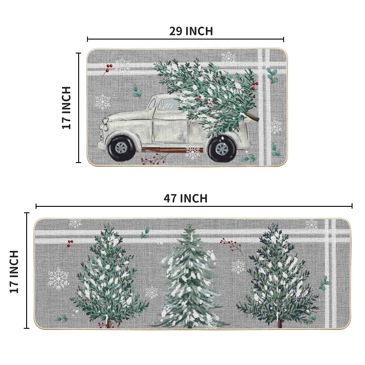 Artoid Mode Truck Pine Holly Stripes Christmas Decorative Kitchen Mats Set of 2, Home Decor Party Low-Profile Kitchen Rugs - 17x29 and 17x47 Inch