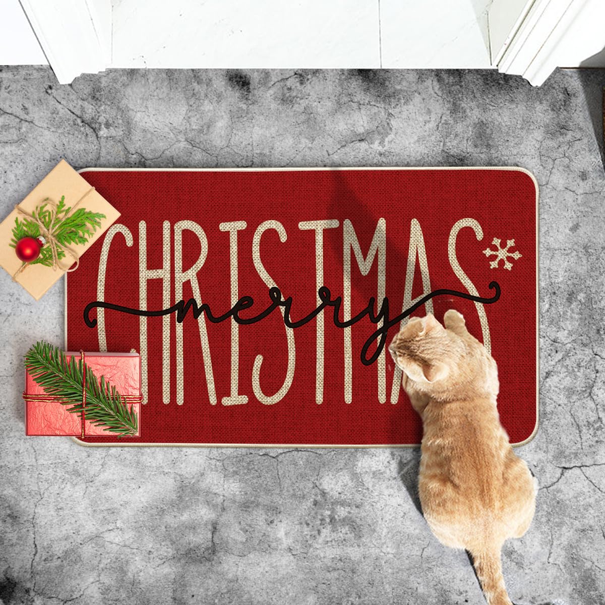 Artoid Mode Red Merry Christmas Snowflake Welcome Decorative Doormat, Seasonal Winter Low-Profile Floor Rug Switch Mat for Outdoor 17x29 Inch