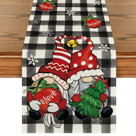 Artoid Mode Buffalo Plaid Gnome Bell Xmas Tree Christmas Table Runner, Seasonal Winter Kitchen Dining Table Decoration for Home Party Decor 13x72 Inch