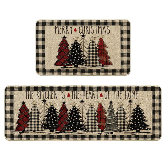 Artoid Mode Buffalo Plaid Xmas Tree Merry Christmas Kitchen Mats Set of 2, Winter Home Decor Low-Profile Kitchen Rugs for Floor - 17x29 and 17x47 Inch