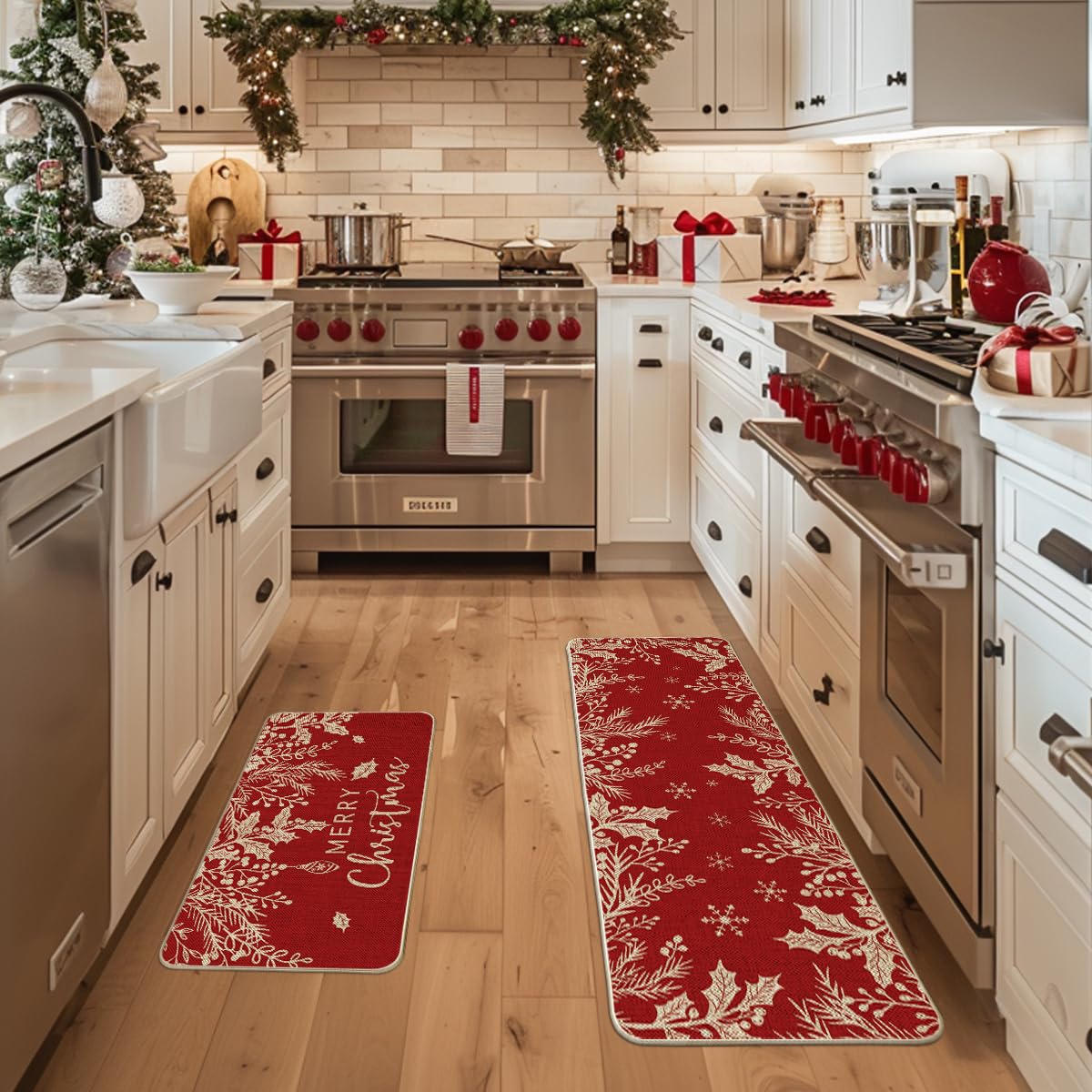 Artoid Mode Holly Pine Branches Leaves Merry Christmas Kitchen Mats Set of 2, Winter Decor Low-Profile Kitchen Rugs for Floor - 17x29 and 17x47 Inch