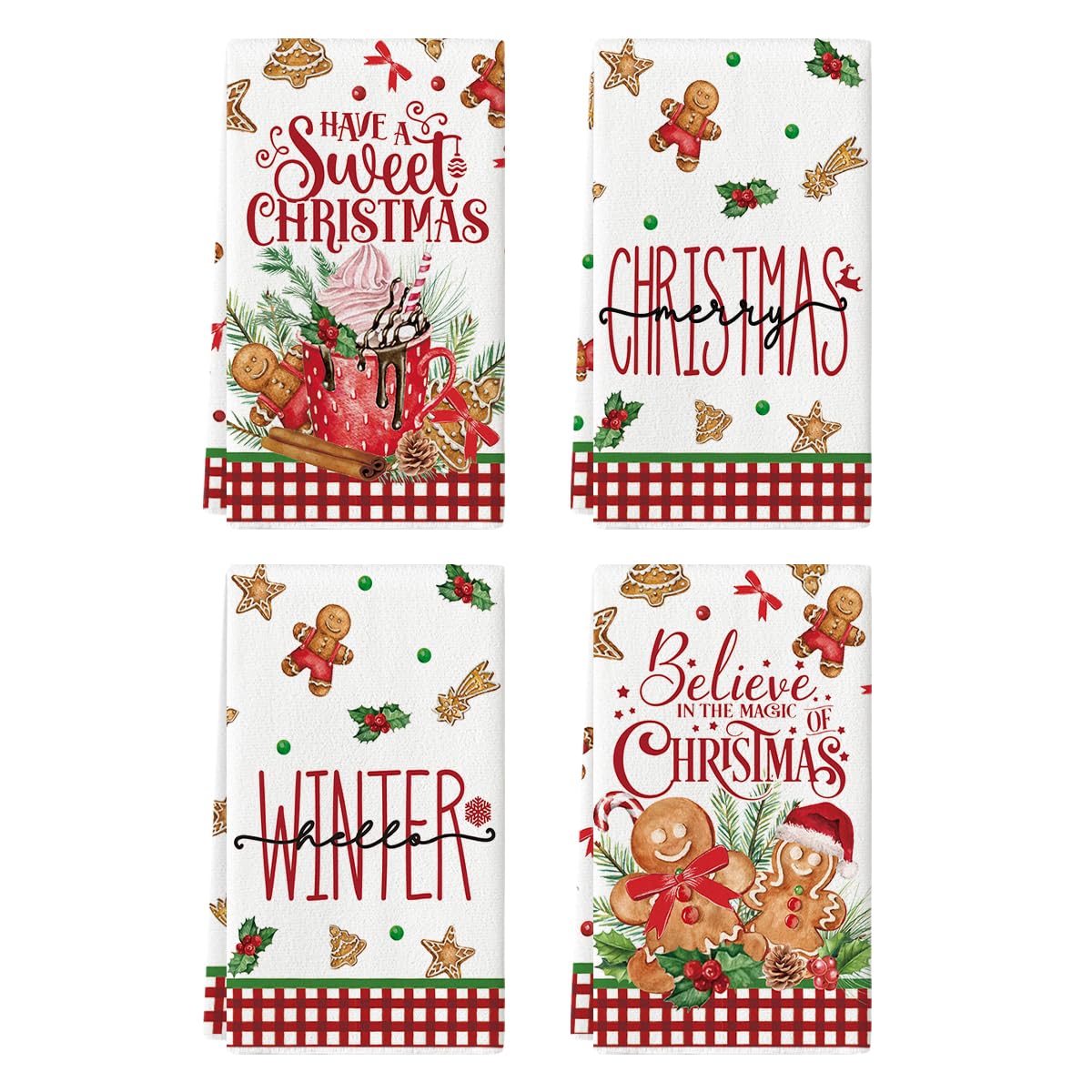 Artoid Mode Gingerbread Have A Sweet Christmas Kitchen Towels Dish Towels, 18x26 Inch Daily Holly Winter Decoration Hand Towels Set of 4