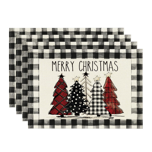 Artoid Mode Waterclor Buffalo Plaid Christmas Trees Placemats Set of 4, 12x18 Inch Winter Table Mats for Outdoor Home Party Kitchen Dining Decor