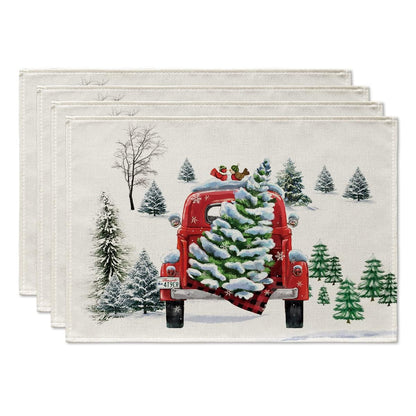 Artoid Mode Watercolor Snow Tree Truck Christmas Placemats Set of 4, 12x18 Inch Seasonal Winter Xmas Holiday Table Mats for Party Kitchen Dining Decoration