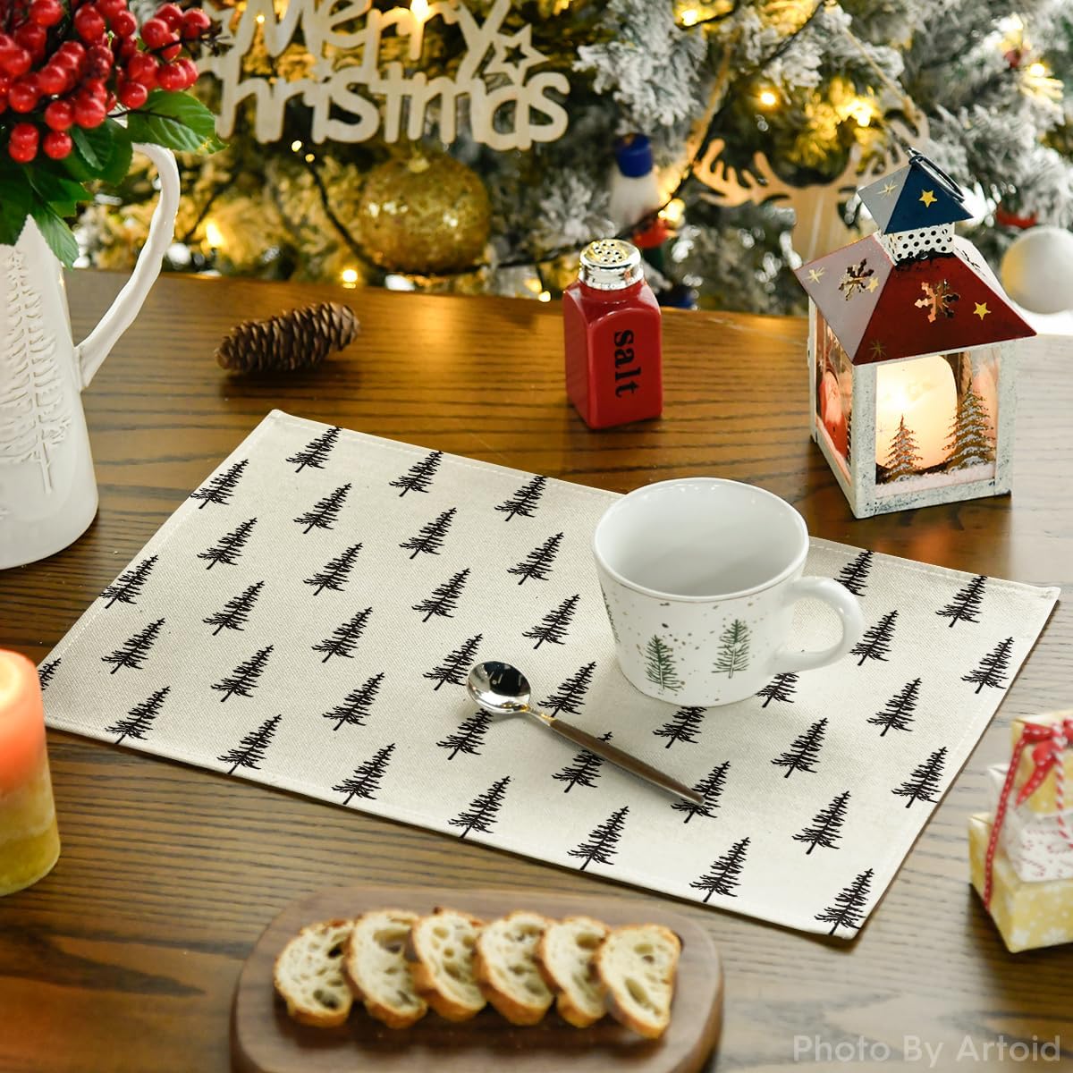 Artoid Mode Beige Xmas Tree Christmas Placemats Set of 4, 12x18 Inch Winter Table Mats for Party Kitchen Dining Decoration