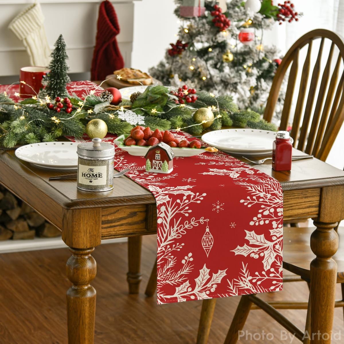 Artoid Mode Eucalyptus Leaves Berry Christmas Table Runner, Winter Xmas Holiday Kitchen Dining Table Decoration for Home Party Decor 13x72 Inch