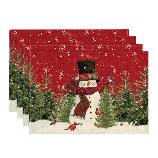 Artoid Mode Snowman Cardinals Trees Christmas Placemats for Dining Table, 12 x 18 Inch Seasonal Winter Birds Xmas Holiday Rustic Vintage Thanksgiving Washable Table Mats Set of 4