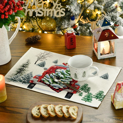 Artoid Mode Watercolor Snow Tree Truck Christmas Placemats Set of 4, 12x18 Inch Seasonal Winter Xmas Holiday Table Mats for Party Kitchen Dining Decoration