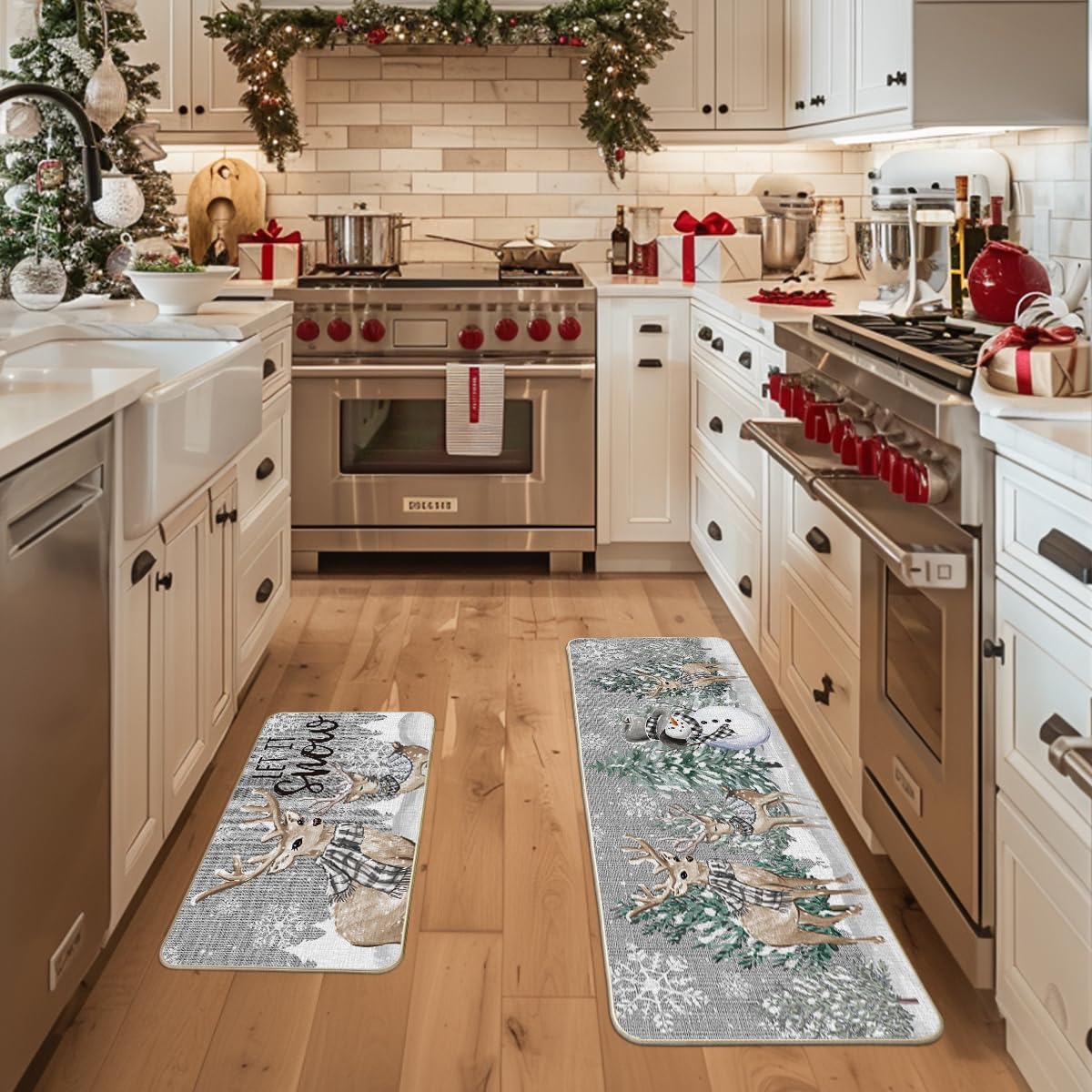 Artoid Mode Deer Tree Let It Sonw Snowflakes Christmas Kitchen Mats Set of 2, Winter Decor Low-Profile Kitchen Rugs for Floor - 17x29 and 17x47 Inch