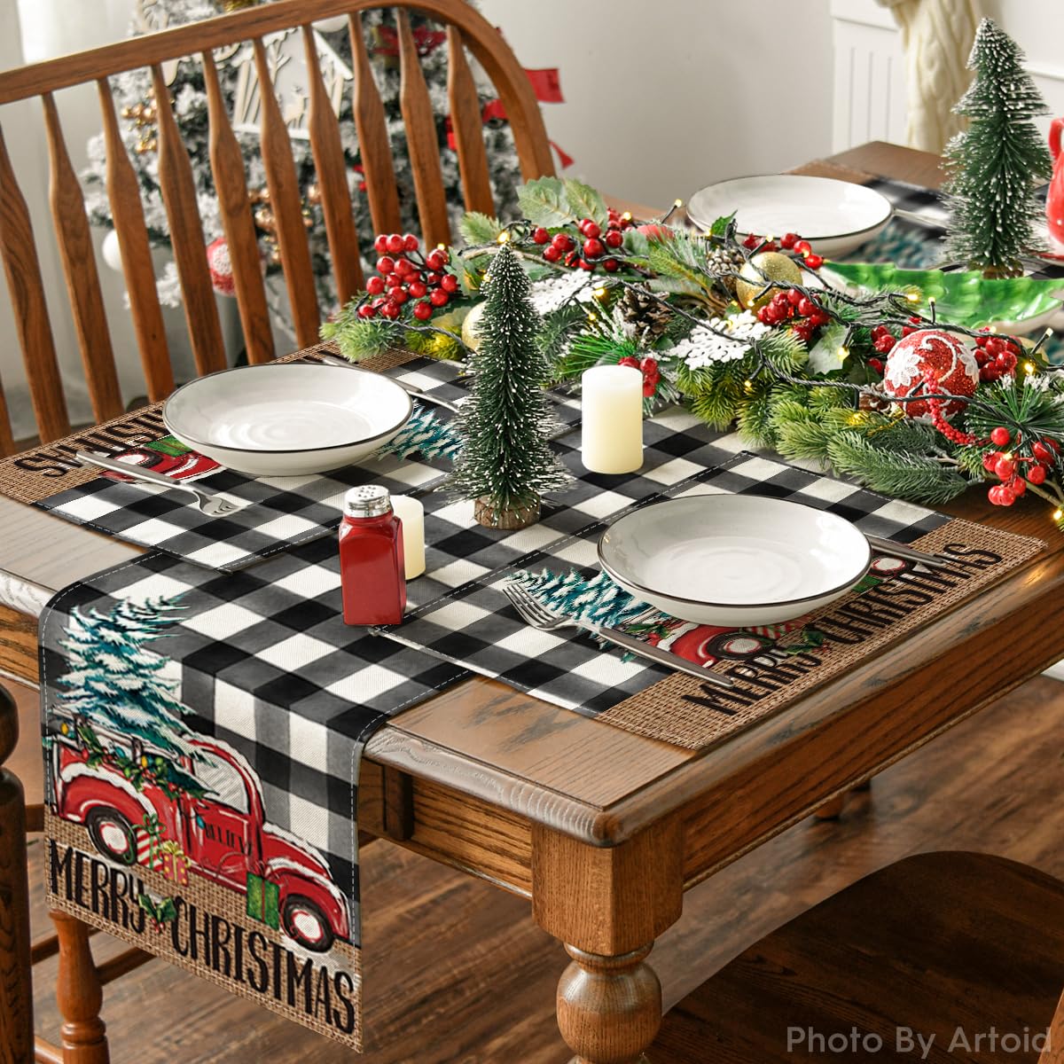 Artoid Mode Buffalo Plaid Truck Merry Christmas Placemats Set of 4, 12x18 Inch Xmas Tree Winter Table Mats for Party Kitchen Dining Decoration