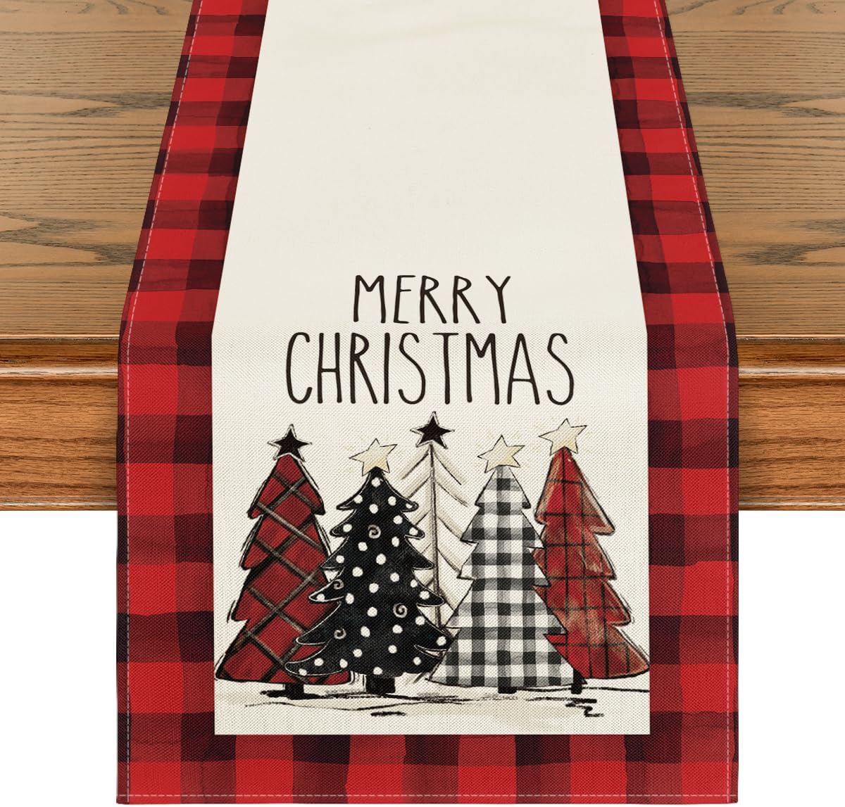 Artoid Mode 13x72 Inch Waterclor Buffalo Plaid Christmas Trees Merry Xmas Table Runner, Seasonal Winter Holiday Kitchen Dining Table Decoration for Indoor Outdoor Home Party Decor