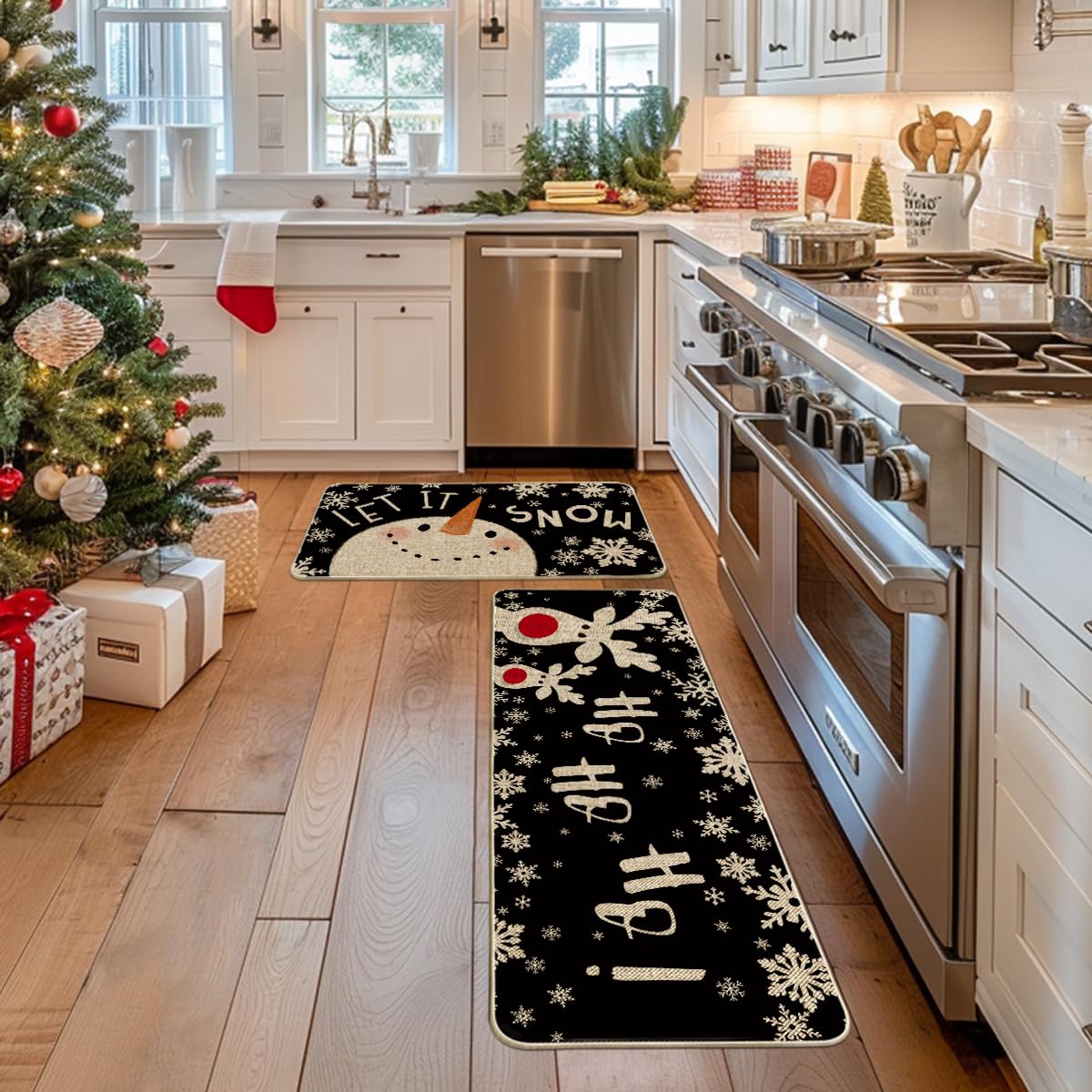 Artoid Mode Snowman Deer Let It Snow Snowflake Christmas Kitchen Mats Set of 2, Winter Decor Low-Profile Kitchen Rugs for Floor - 17x29 and 17x47 Inch