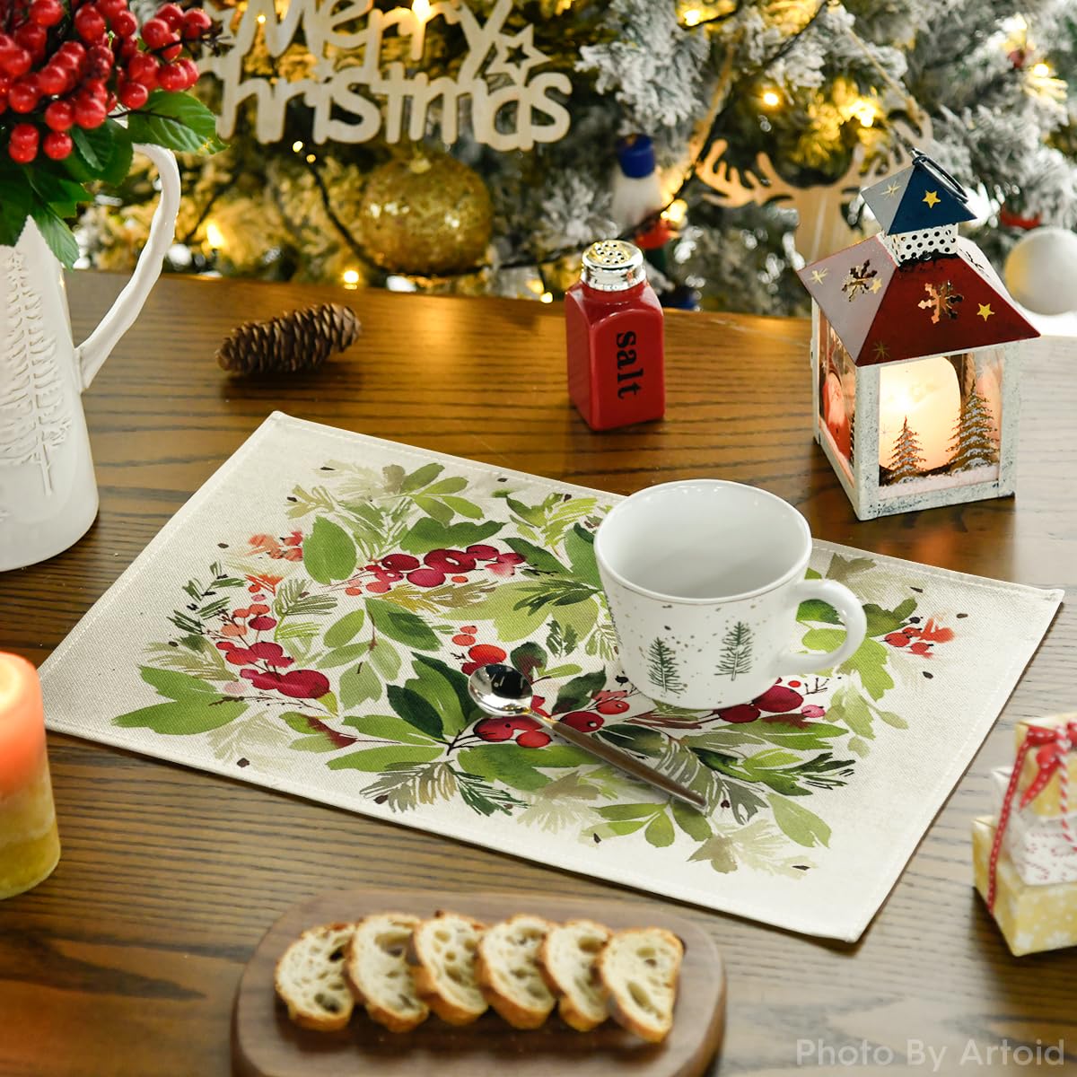 Artoid Mode Watercolor Holly Christmas Placemats Set of 4, 12x18 Inch Seasonal Winter Xmas Holiday Table Mats for Party Kitchen Dining Decoration