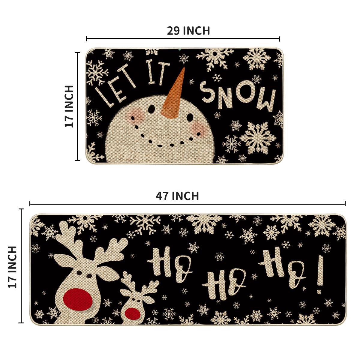 Artoid Mode Snowman Deer Let It Snow Snowflake Christmas Kitchen Mats Set of 2, Winter Decor Low-Profile Kitchen Rugs for Floor - 17x29 and 17x47 Inch